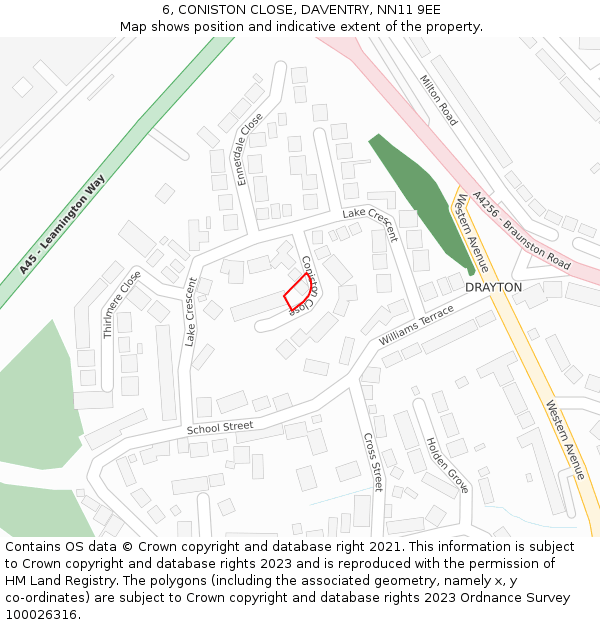 6, CONISTON CLOSE, DAVENTRY, NN11 9EE: Location map and indicative extent of plot