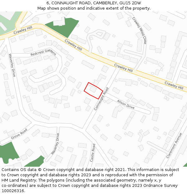 6, CONNAUGHT ROAD, CAMBERLEY, GU15 2DW: Location map and indicative extent of plot