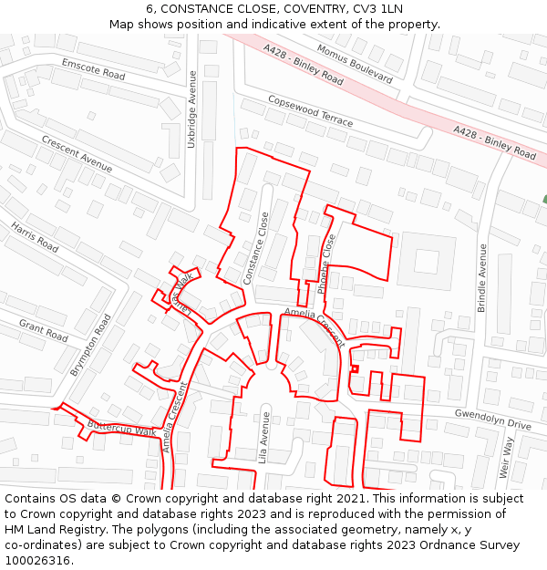 6, CONSTANCE CLOSE, COVENTRY, CV3 1LN: Location map and indicative extent of plot