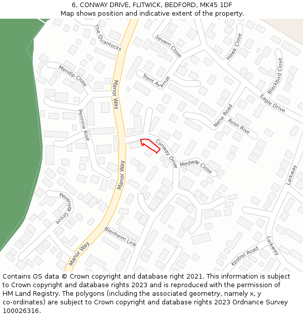 6, CONWAY DRIVE, FLITWICK, BEDFORD, MK45 1DF: Location map and indicative extent of plot