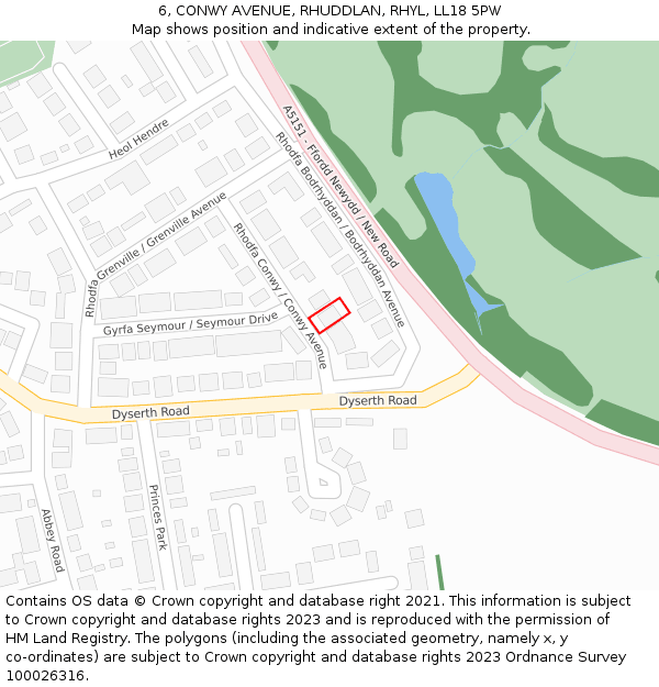 6, CONWY AVENUE, RHUDDLAN, RHYL, LL18 5PW: Location map and indicative extent of plot