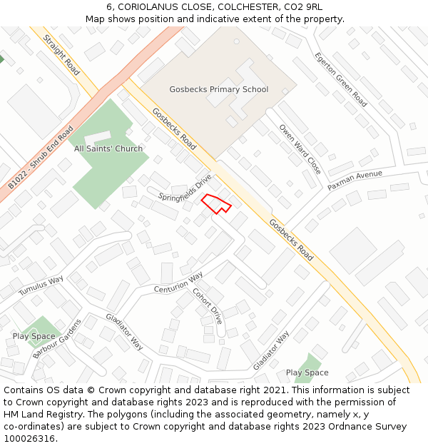 6, CORIOLANUS CLOSE, COLCHESTER, CO2 9RL: Location map and indicative extent of plot