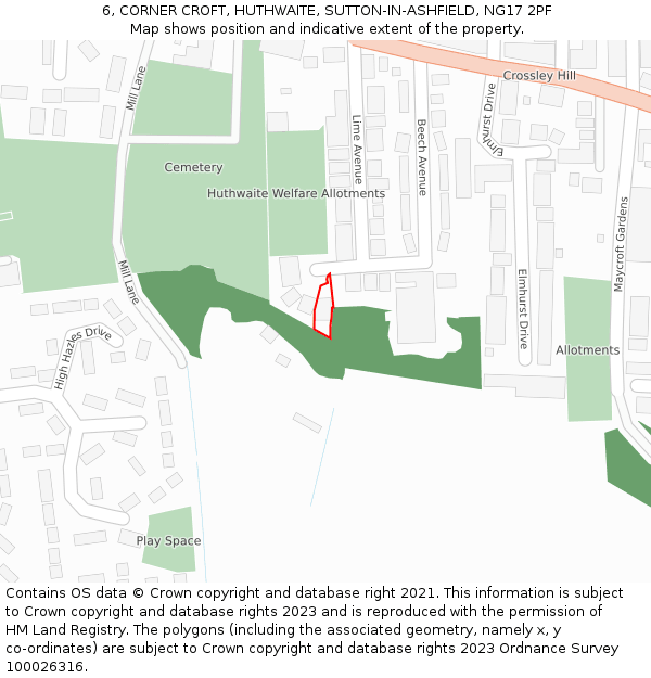 6, CORNER CROFT, HUTHWAITE, SUTTON-IN-ASHFIELD, NG17 2PF: Location map and indicative extent of plot