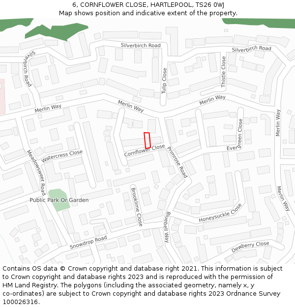 6, CORNFLOWER CLOSE, HARTLEPOOL, TS26 0WJ: Location map and indicative extent of plot