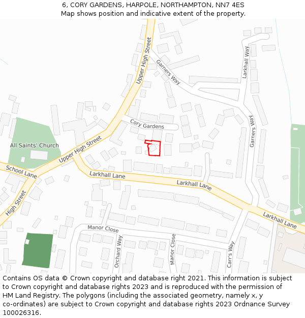 6, CORY GARDENS, HARPOLE, NORTHAMPTON, NN7 4ES: Location map and indicative extent of plot