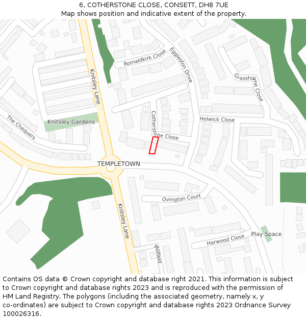 6, COTHERSTONE CLOSE, CONSETT, DH8 7UE: Location map and indicative extent of plot