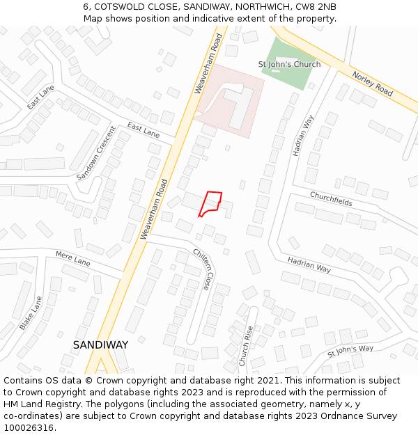 6, COTSWOLD CLOSE, SANDIWAY, NORTHWICH, CW8 2NB: Location map and indicative extent of plot