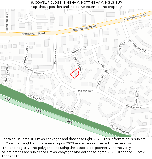 6, COWSLIP CLOSE, BINGHAM, NOTTINGHAM, NG13 8UP: Location map and indicative extent of plot