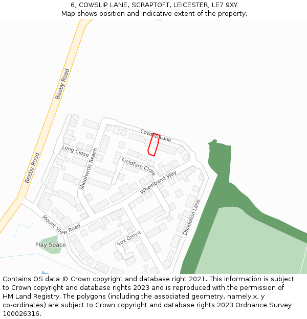 6, COWSLIP LANE, SCRAPTOFT, LEICESTER, LE7 9XY: Location map and indicative extent of plot