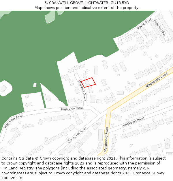 6, CRANWELL GROVE, LIGHTWATER, GU18 5YD: Location map and indicative extent of plot