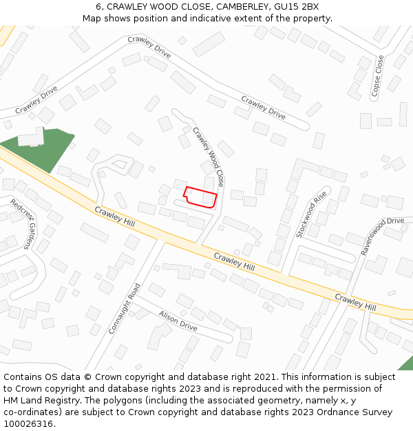 6, CRAWLEY WOOD CLOSE, CAMBERLEY, GU15 2BX: Location map and indicative extent of plot