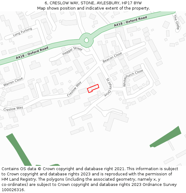 6, CRESLOW WAY, STONE, AYLESBURY, HP17 8YW: Location map and indicative extent of plot