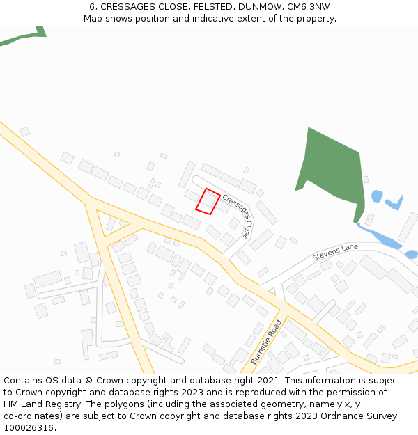 6, CRESSAGES CLOSE, FELSTED, DUNMOW, CM6 3NW: Location map and indicative extent of plot
