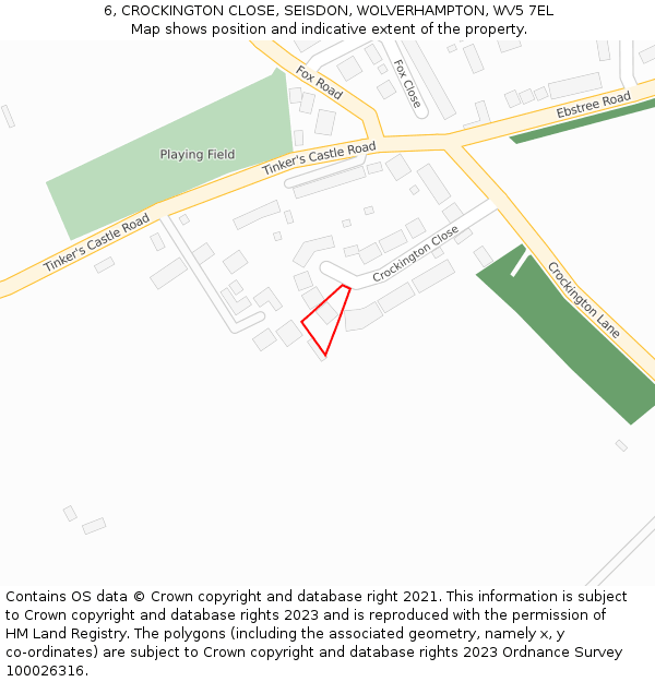 6, CROCKINGTON CLOSE, SEISDON, WOLVERHAMPTON, WV5 7EL: Location map and indicative extent of plot