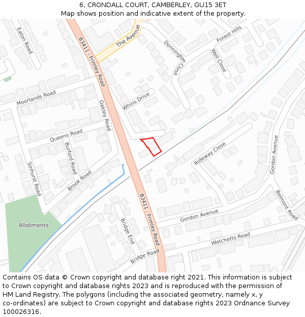 6, CRONDALL COURT, CAMBERLEY, GU15 3ET: Location map and indicative extent of plot