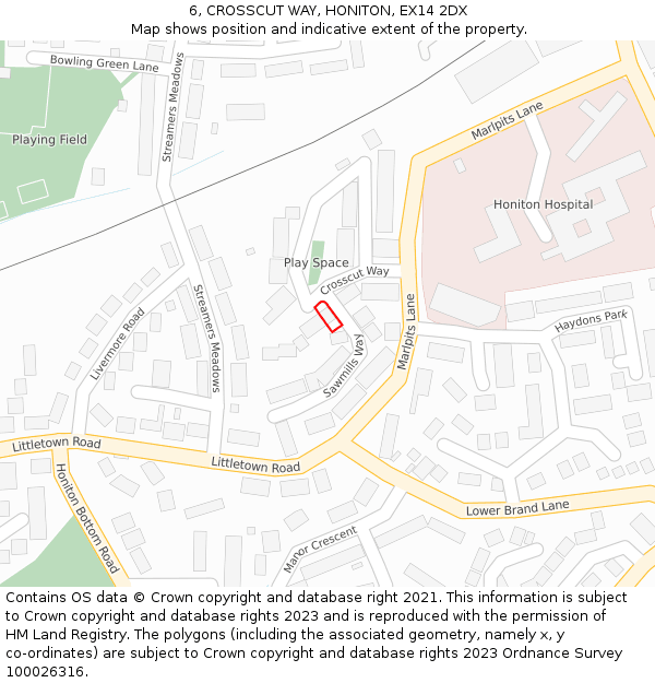 6, CROSSCUT WAY, HONITON, EX14 2DX: Location map and indicative extent of plot