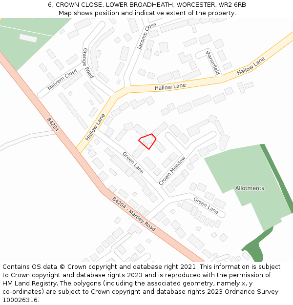 6, CROWN CLOSE, LOWER BROADHEATH, WORCESTER, WR2 6RB: Location map and indicative extent of plot