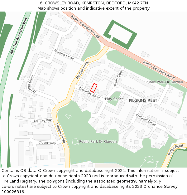 6, CROWSLEY ROAD, KEMPSTON, BEDFORD, MK42 7FN: Location map and indicative extent of plot