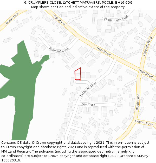 6, CRUMPLERS CLOSE, LYTCHETT MATRAVERS, POOLE, BH16 6DG: Location map and indicative extent of plot