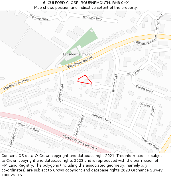 6, CULFORD CLOSE, BOURNEMOUTH, BH8 0HX: Location map and indicative extent of plot