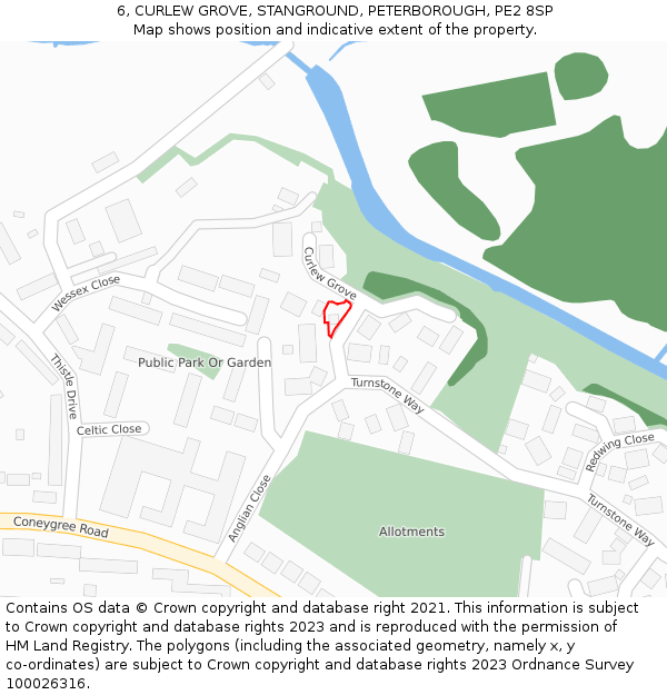 6, CURLEW GROVE, STANGROUND, PETERBOROUGH, PE2 8SP: Location map and indicative extent of plot