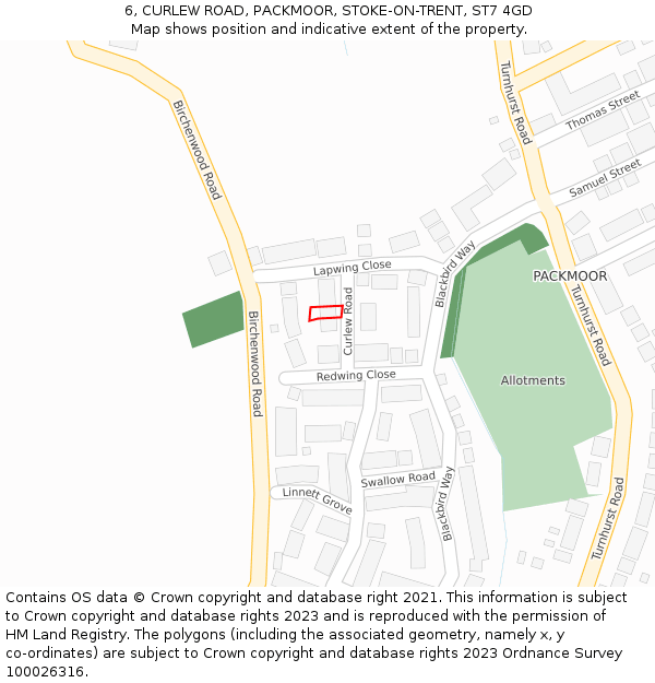 6, CURLEW ROAD, PACKMOOR, STOKE-ON-TRENT, ST7 4GD: Location map and indicative extent of plot