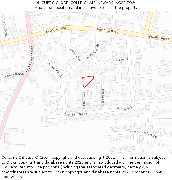 6, CURTIS CLOSE, COLLINGHAM, NEWARK, NG23 7QW: Location map and indicative extent of plot