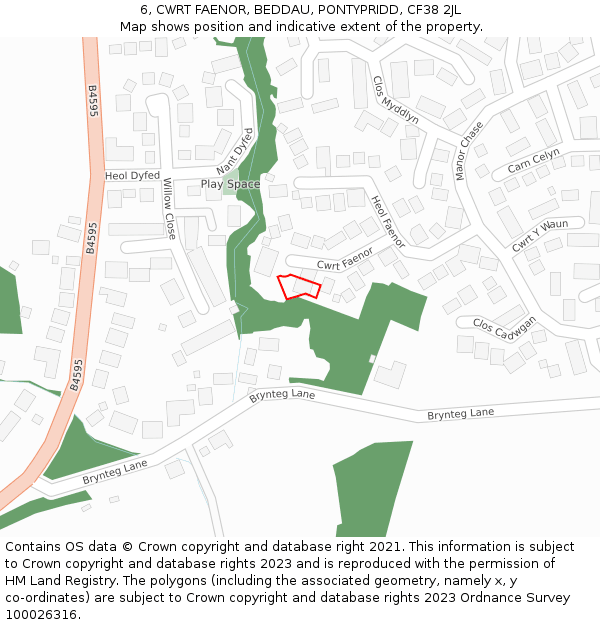 6, CWRT FAENOR, BEDDAU, PONTYPRIDD, CF38 2JL: Location map and indicative extent of plot