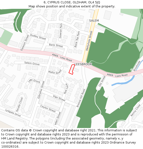 6, CYPRUS CLOSE, OLDHAM, OL4 5JQ: Location map and indicative extent of plot