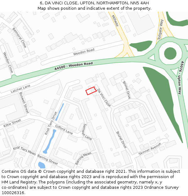 6, DA VINCI CLOSE, UPTON, NORTHAMPTON, NN5 4AH: Location map and indicative extent of plot