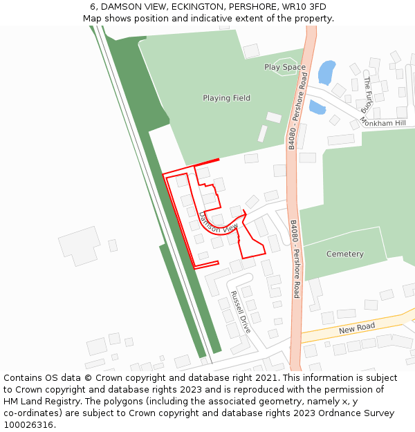 6, DAMSON VIEW, ECKINGTON, PERSHORE, WR10 3FD: Location map and indicative extent of plot