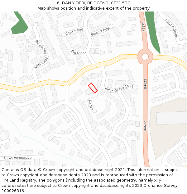 6, DAN Y DERI, BRIDGEND, CF31 5BG: Location map and indicative extent of plot