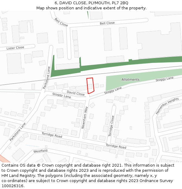 6, DAVID CLOSE, PLYMOUTH, PL7 2BQ: Location map and indicative extent of plot