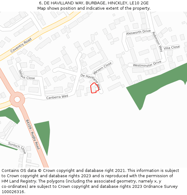 6, DE HAVILLAND WAY, BURBAGE, HINCKLEY, LE10 2GE: Location map and indicative extent of plot