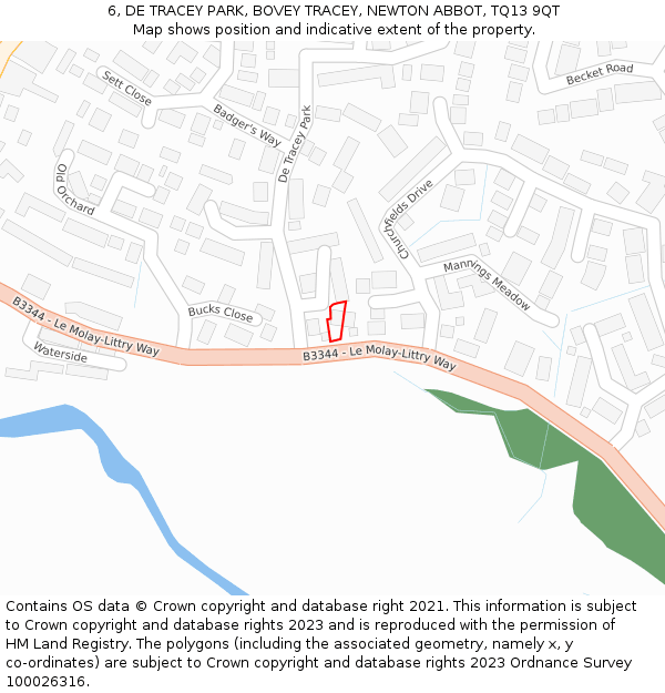 6, DE TRACEY PARK, BOVEY TRACEY, NEWTON ABBOT, TQ13 9QT: Location map and indicative extent of plot