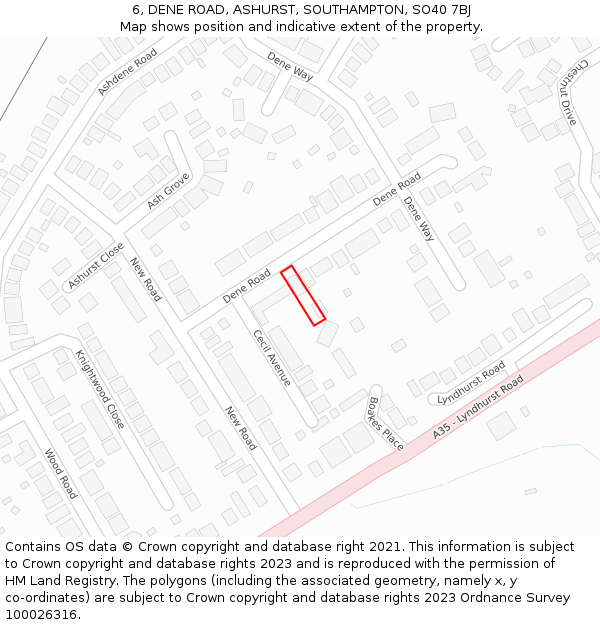 6, DENE ROAD, ASHURST, SOUTHAMPTON, SO40 7BJ: Location map and indicative extent of plot