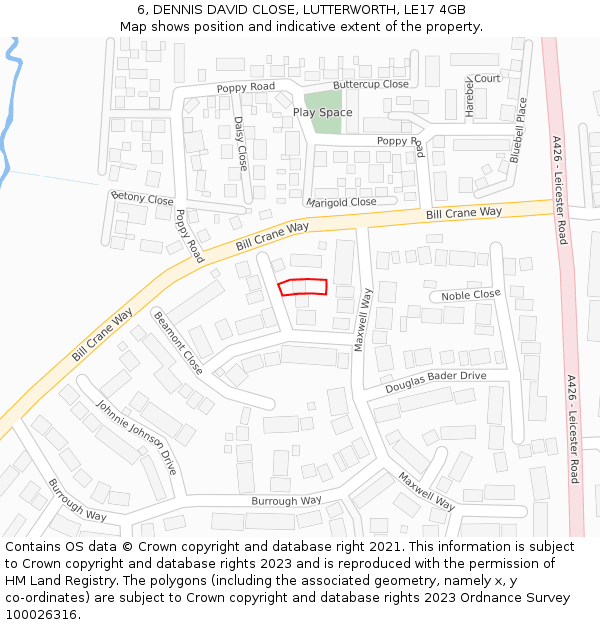 6, DENNIS DAVID CLOSE, LUTTERWORTH, LE17 4GB: Location map and indicative extent of plot
