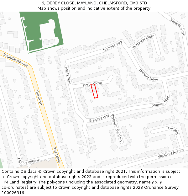 6, DERBY CLOSE, MAYLAND, CHELMSFORD, CM3 6TB: Location map and indicative extent of plot