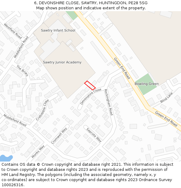 6, DEVONSHIRE CLOSE, SAWTRY, HUNTINGDON, PE28 5SG: Location map and indicative extent of plot