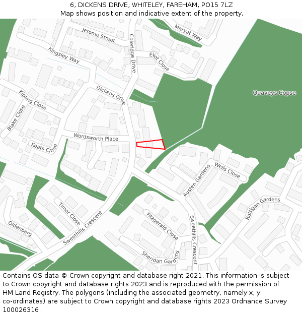 6, DICKENS DRIVE, WHITELEY, FAREHAM, PO15 7LZ: Location map and indicative extent of plot