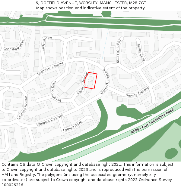 6, DOEFIELD AVENUE, WORSLEY, MANCHESTER, M28 7GT: Location map and indicative extent of plot