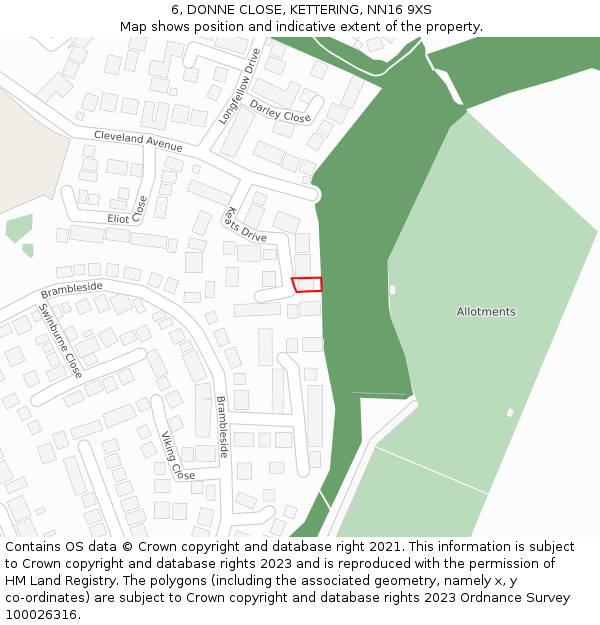 6, DONNE CLOSE, KETTERING, NN16 9XS: Location map and indicative extent of plot