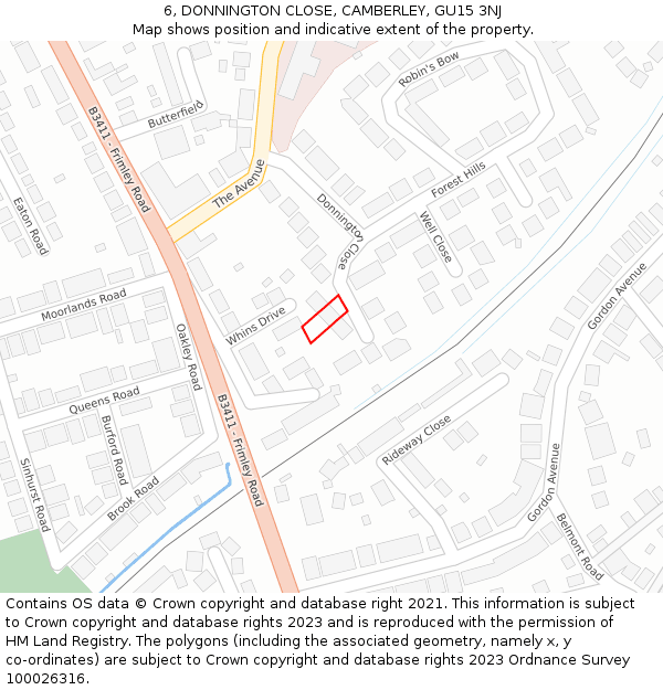 6, DONNINGTON CLOSE, CAMBERLEY, GU15 3NJ: Location map and indicative extent of plot