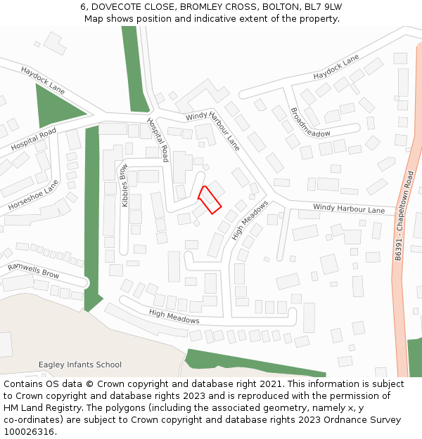 6, DOVECOTE CLOSE, BROMLEY CROSS, BOLTON, BL7 9LW: Location map and indicative extent of plot