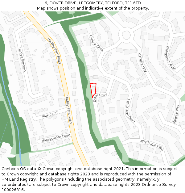 6, DOVER DRIVE, LEEGOMERY, TELFORD, TF1 6TD: Location map and indicative extent of plot