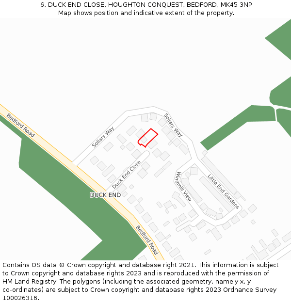 6, DUCK END CLOSE, HOUGHTON CONQUEST, BEDFORD, MK45 3NP: Location map and indicative extent of plot