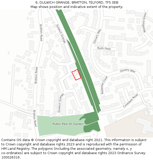 6, DULWICH GRANGE, BRATTON, TELFORD, TF5 0EB: Location map and indicative extent of plot