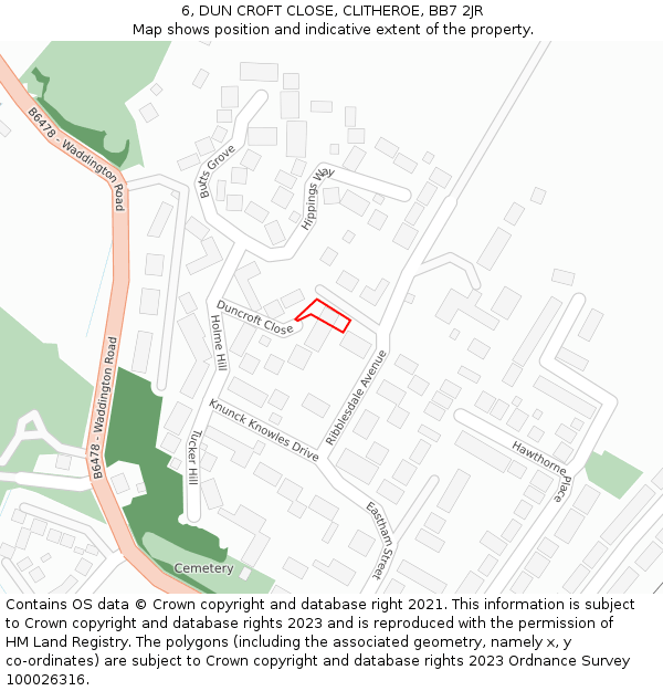 6, DUN CROFT CLOSE, CLITHEROE, BB7 2JR: Location map and indicative extent of plot