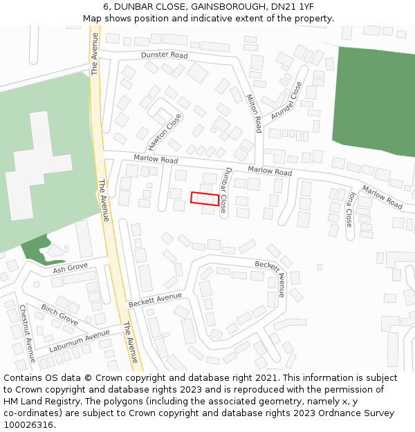 6, DUNBAR CLOSE, GAINSBOROUGH, DN21 1YF: Location map and indicative extent of plot