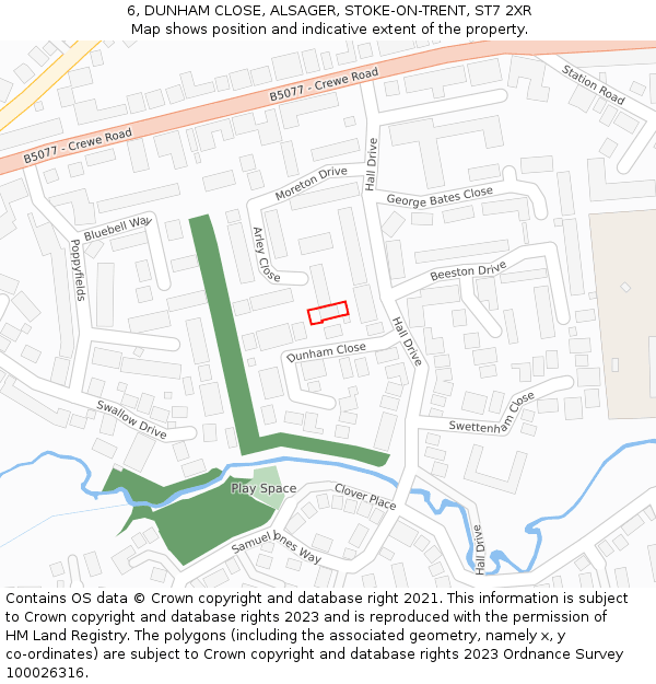 6, DUNHAM CLOSE, ALSAGER, STOKE-ON-TRENT, ST7 2XR: Location map and indicative extent of plot